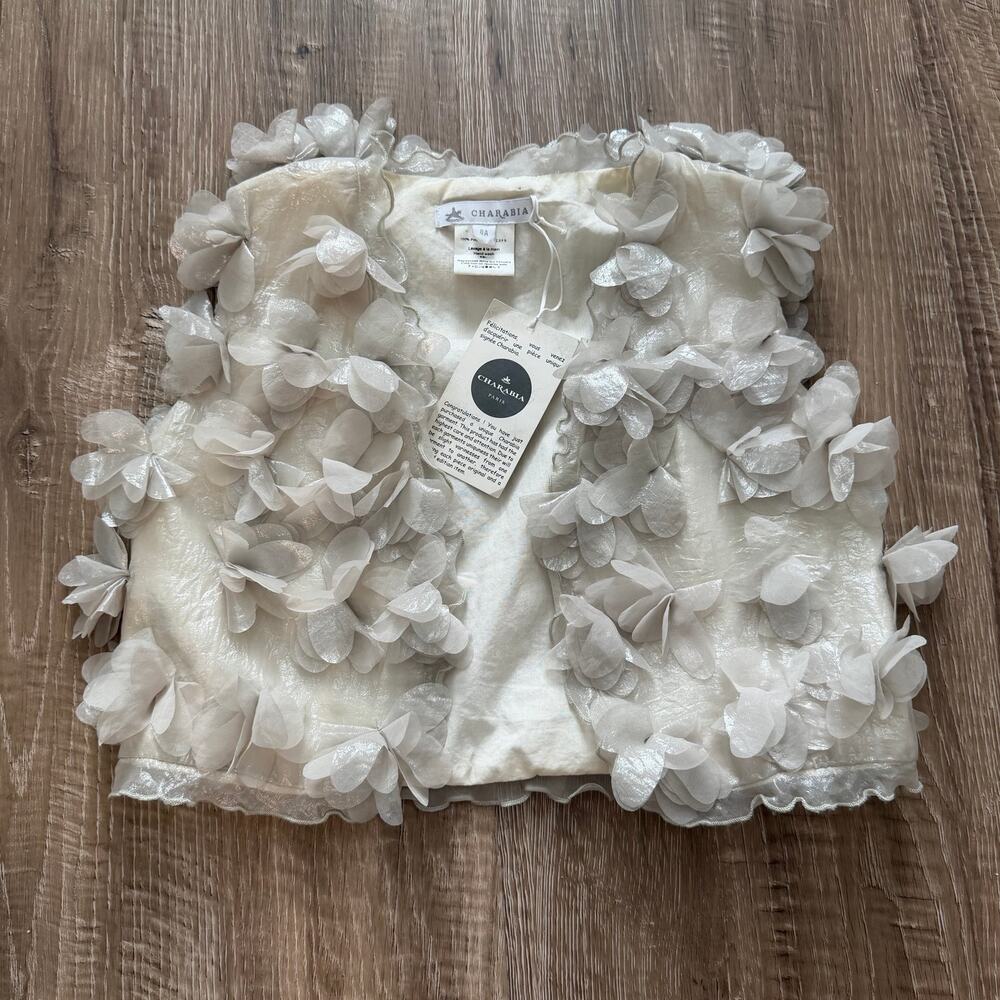 Charabia Paris Girls 8A 3D Floral Organza Vest Cream‎ NWT Boutique Designer
